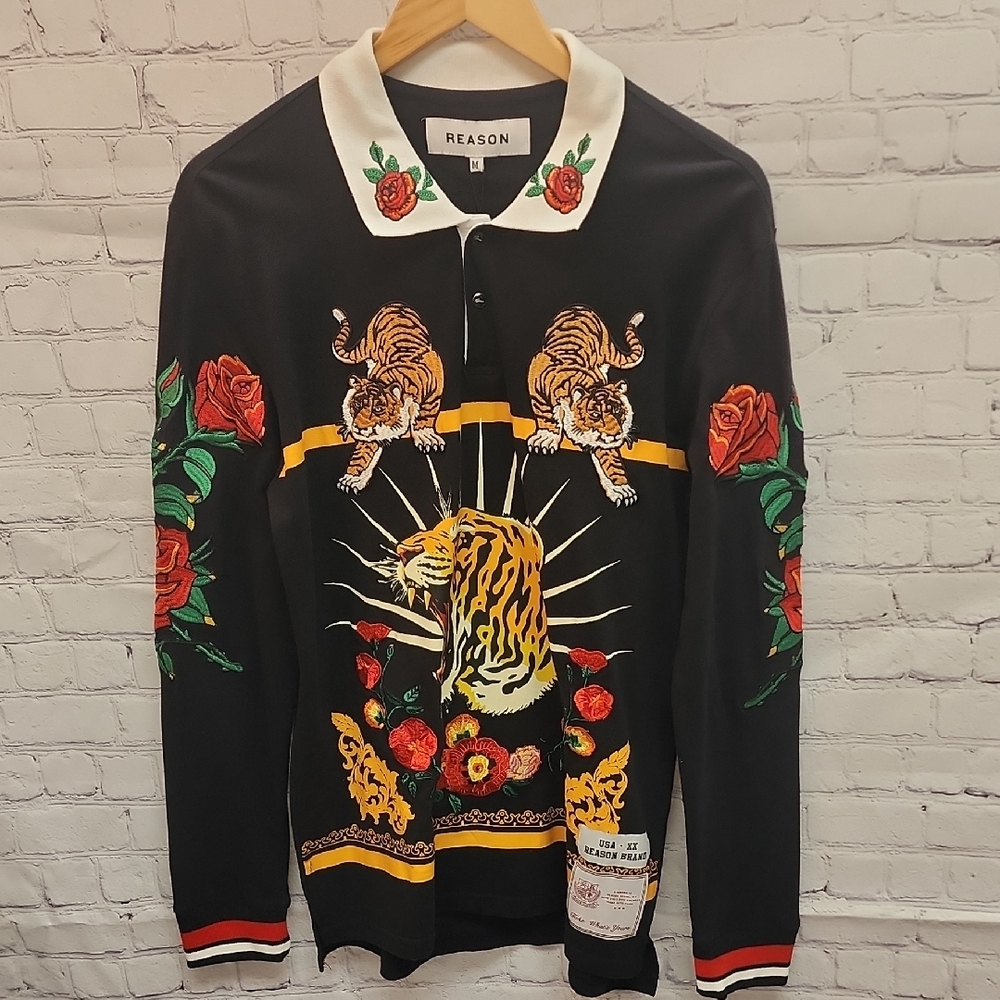 Men's Black long sleeve Shirt with Tiger and Rose Motif By Reason Size M